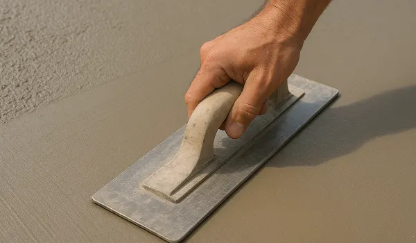 a hand trowel being used on a fresh cement slab to smooth it from Houston Concrete Contractor in Houston, TX - commercial concrete contractor