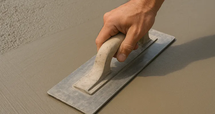a hand trowel being used on a fresh cement slab to smooth it from Houston Concrete Contractor in Houston, TX - commercial concrete contractor