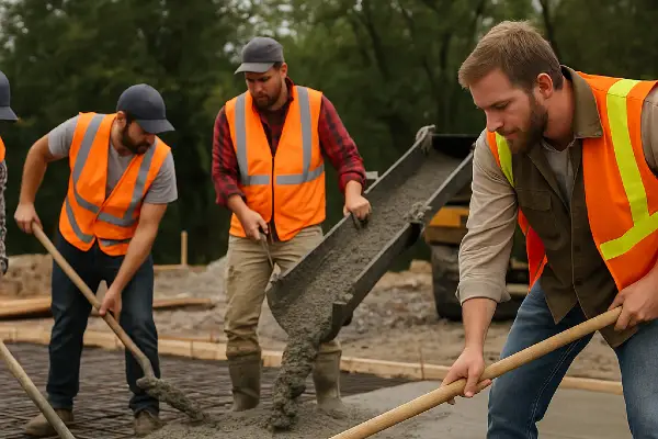 3 concrete workers pouring and spreading cement on the ground from Houston Concrete Contractor in Houston, TX - concrete contractor near me