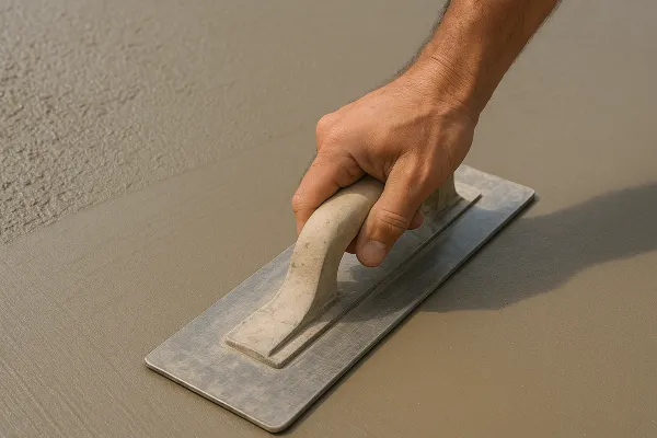 a hand trowel being used on a fresh cement slab from Houston Concrete Contractor in Houston, TX - concrete crack filler