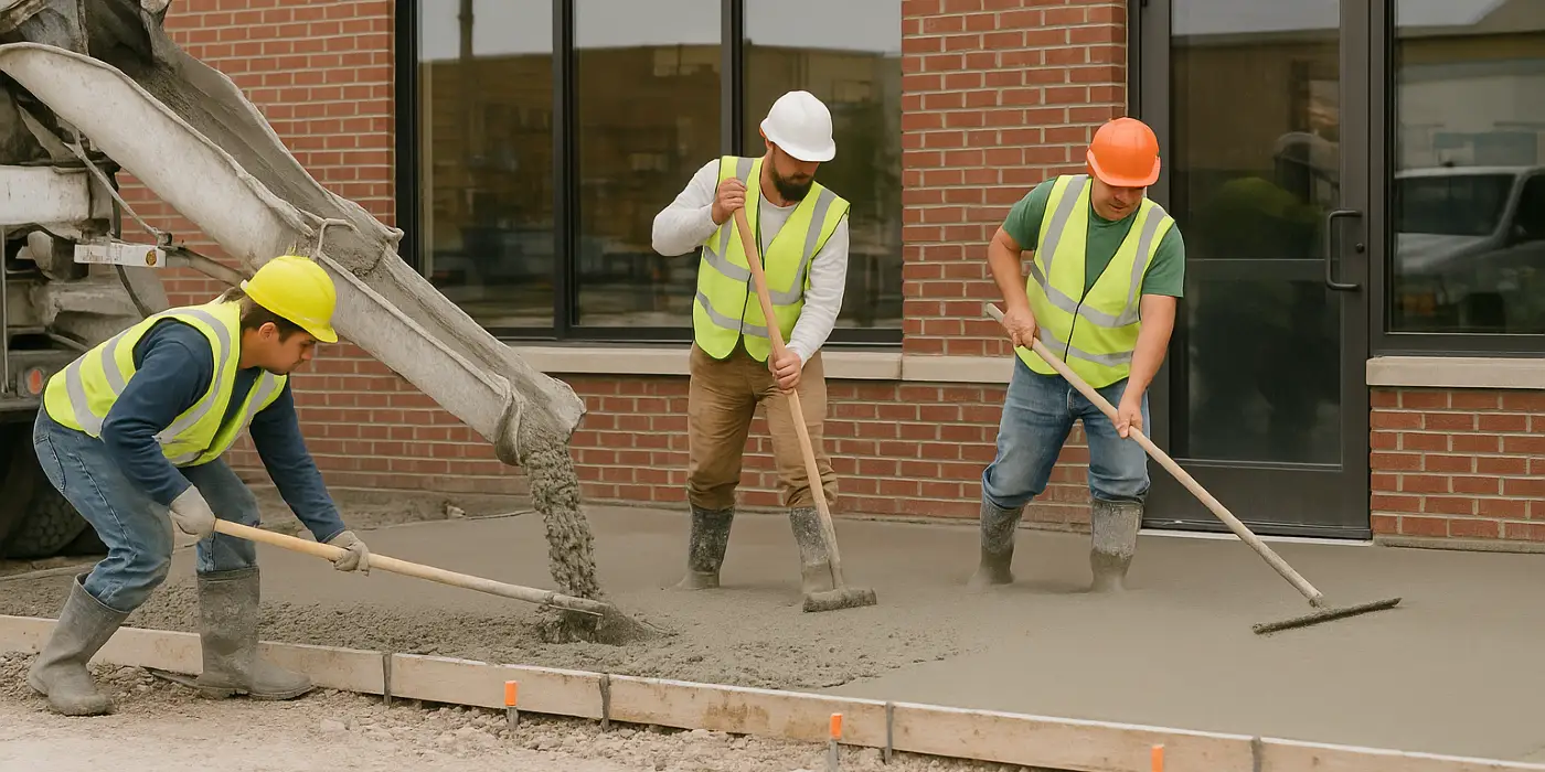 3 concrete contractors spreading concrete on the ground for a sidewalk from Houston Concrete Contractor in Houston, TX - Concrete Cutting 3 concrete contractors spreading concrete on the ground for a sidewalk from Houston Concrete Contractor in Houston, TX - Concrete Cutting