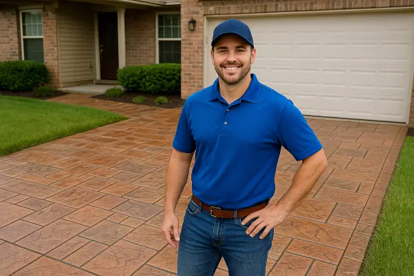 a concrete contractor smiling at the camera with stamped concrete behind him from Houston Concrete Contractor in Houston, TX - Concrete Walkways a concrete contractor smiling at the camera with stamped concrete behind him from Houston Concrete Contractor in Houston, TX - Concrete Walkways