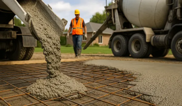 Cement truck pouring cement on a rebared ground from Houston Concrete Contractor in Houston, TX - contractor foundation repair