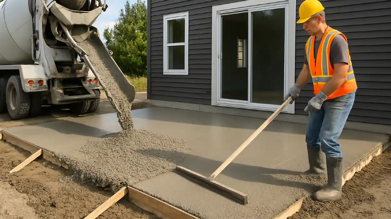 a man spreading the cement a truck is pouring to build a patio from Houston Concrete Contractor in Houston, TX - houston concrete repair
