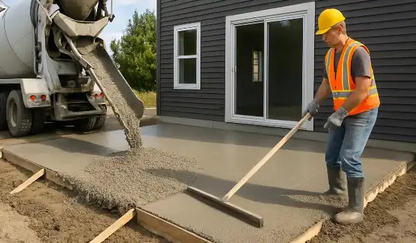 a man spreading the cement a truck is pouring to build a patio from Houston Concrete Contractor in Houston, TX - houston concrete repair