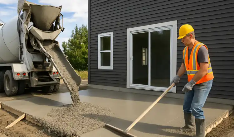 a man spreading the cement a truck is pouring to build a patio from Houston Concrete Contractor in Houston, TX - houston concrete repair
