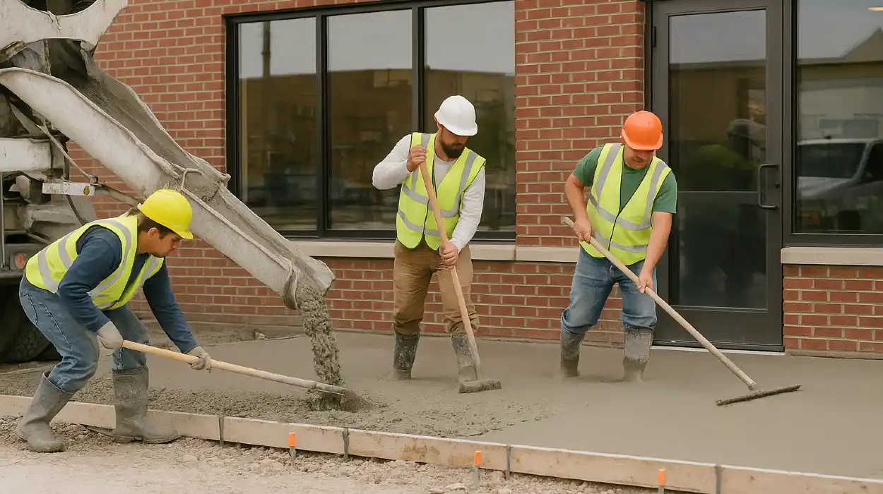 3 concrete contractors spreading concrete on the ground for a sidewalk from Houston Concrete Contractor in Houston, TX - residential concrete contractor