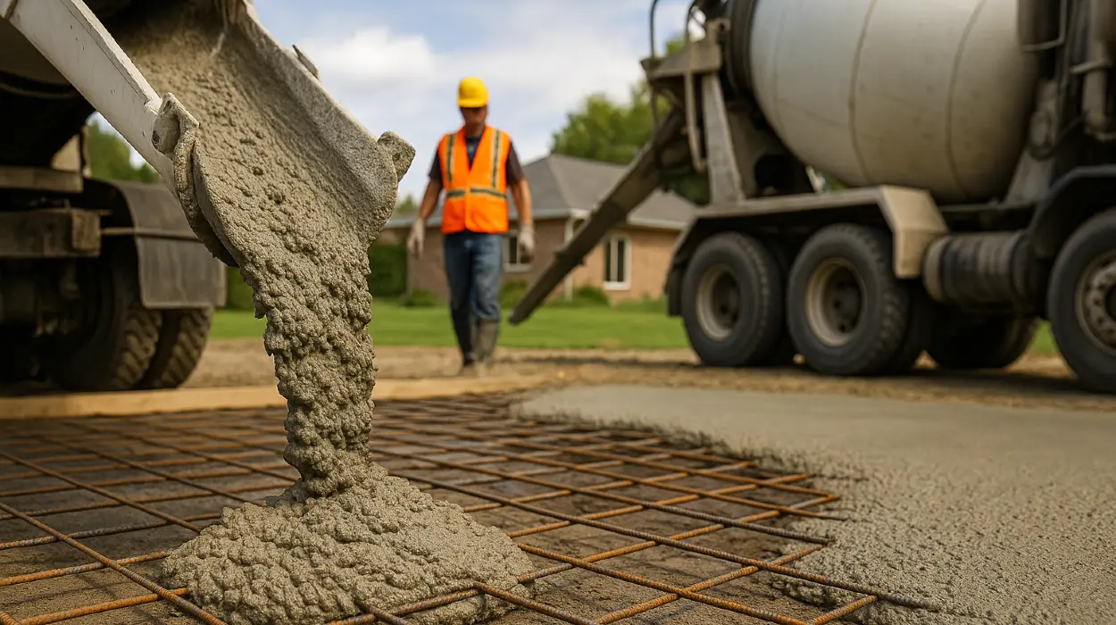 Cement truck pouring cement on a rebared ground from Houston Concrete Contractor in Sugar Land, TX - Sugar Land TX