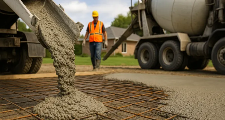 Cement truck pouring cement on a rebared ground from Houston Concrete Contractor in Sugar Land, TX - Sugar Land TX