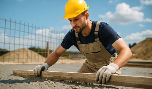 a male concrete worker spreading fresh cement on rebared ground from Houston Concrete Contractor in The Woodlands, TX - The Woodlands TX